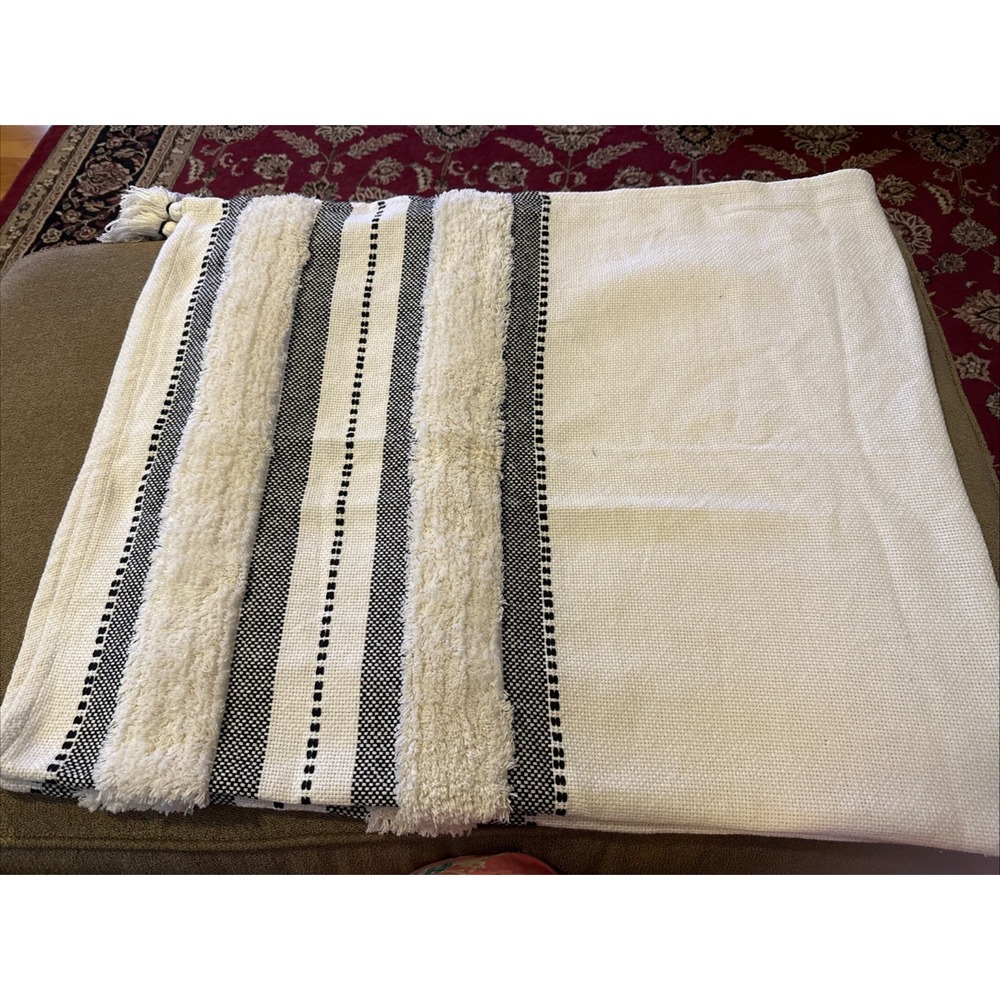 Cream Black Boho Throw Blanket With Tassels On Corners 64"x50" (TD) - Picture 1 of 4